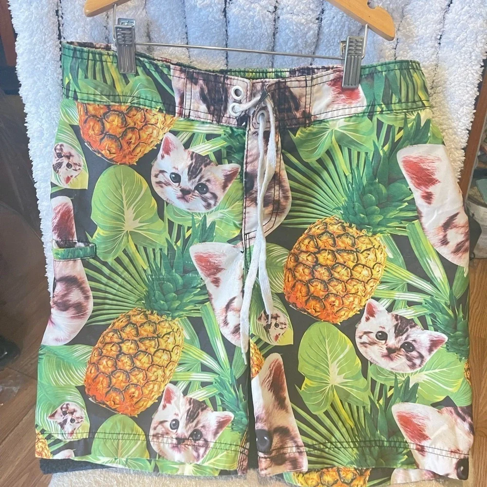 Hot Topic Black Matter Pineapple Cat Swim Trunks